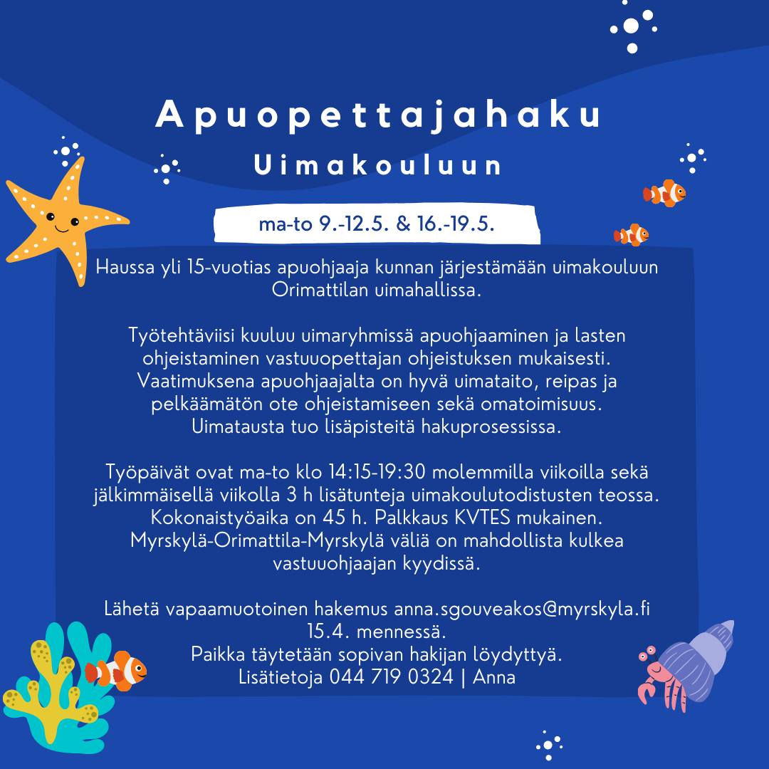Apuopettajanhaku uimakouluun – hae 15.4. mennessä!