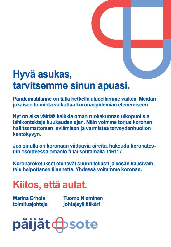 Päijät-Sote: Vetoomus alueen asukkaisiin – vältä kontakteja oman ruokakunnan ulkopuolisten kanssa