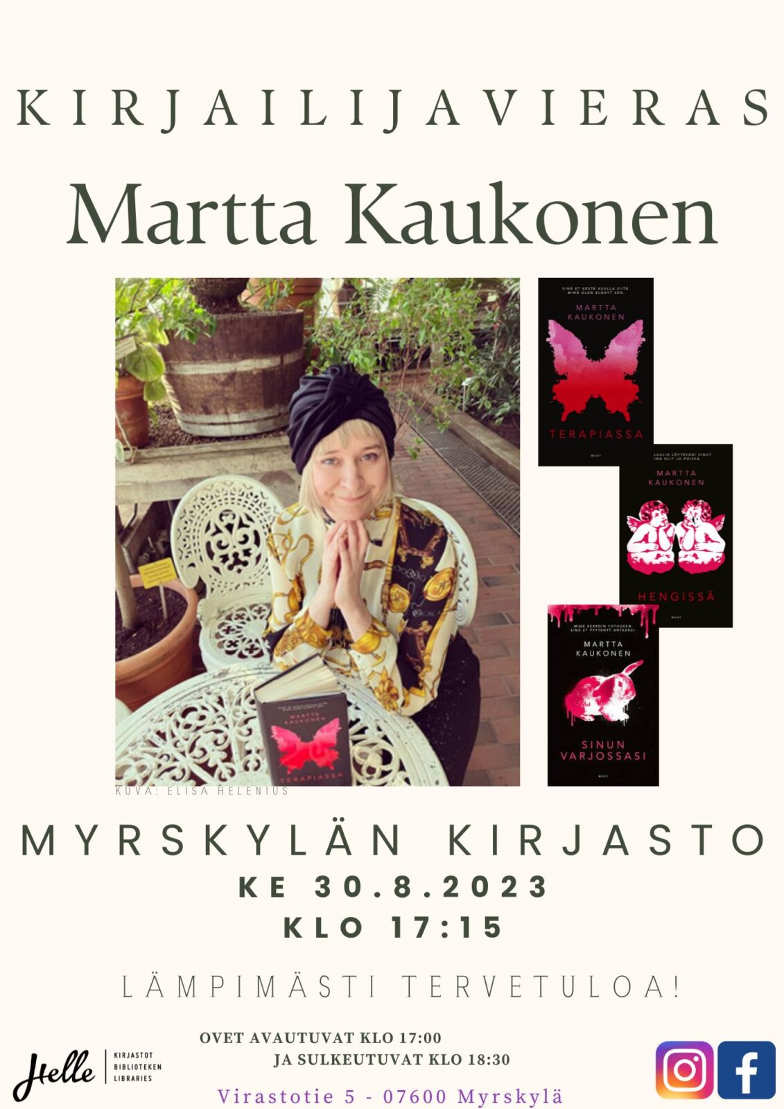 Kirjailijavieras Martta Kaukonen Myrskylän kirjastossa ke 30.8.2023