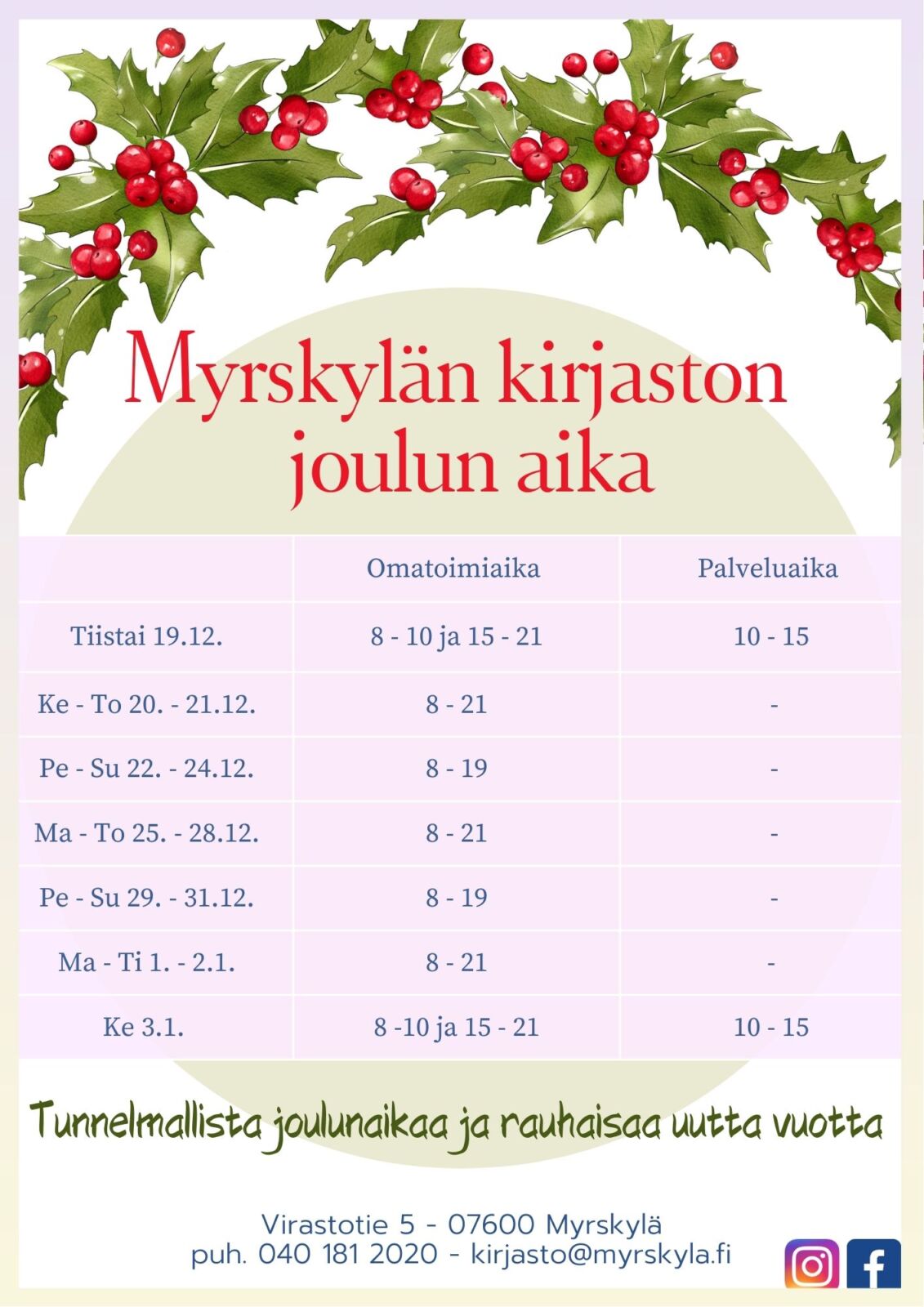 Kirjaston joulunajan aukioloajat