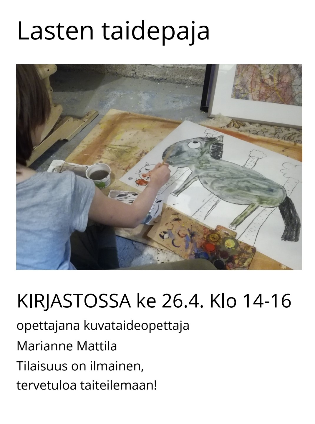 Lasten taidepaja kirjastossa ke 26.4.2023