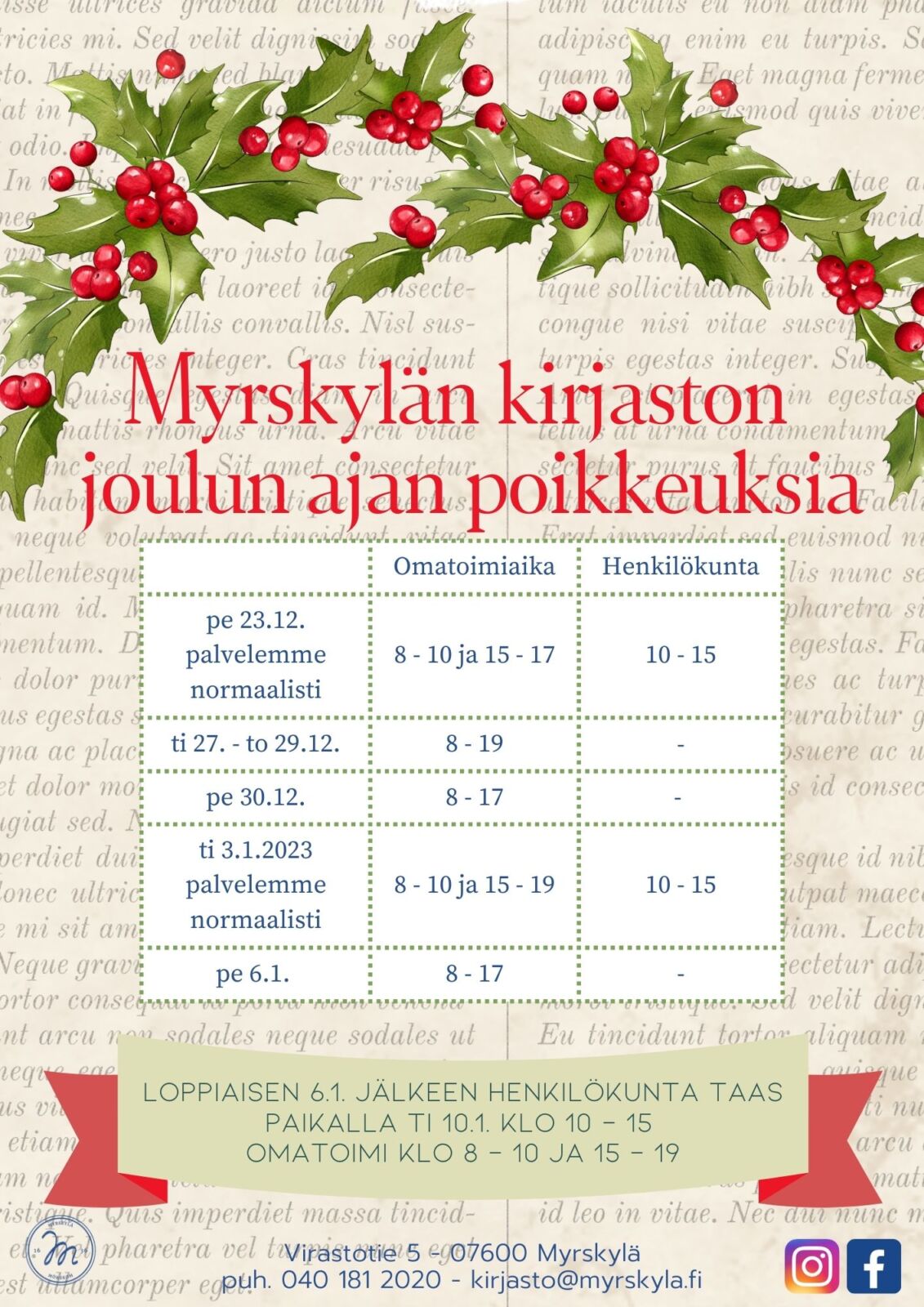 Kirjaston joulunajan aukioloajat