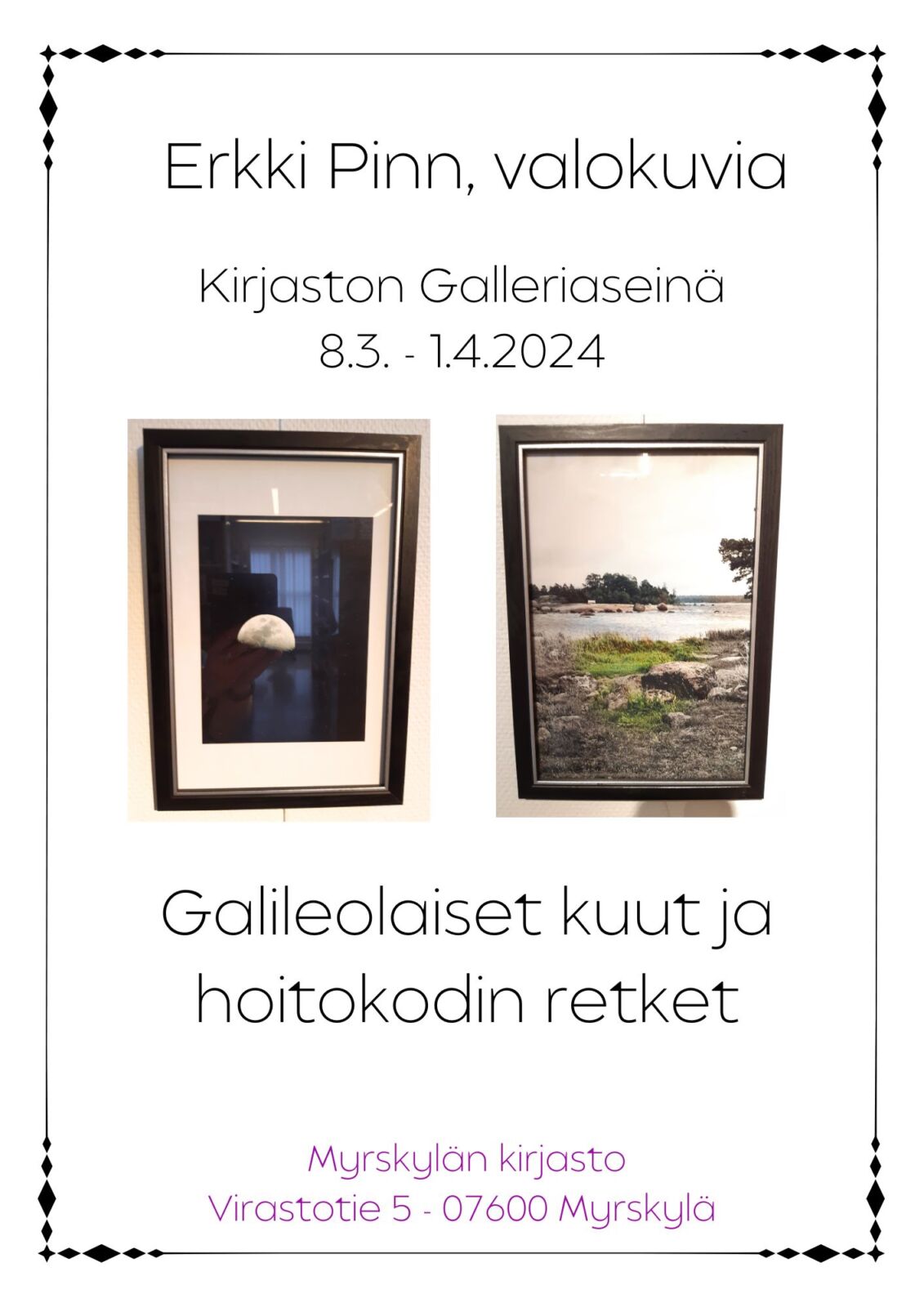 Kirjaston Galleriaseinällä 8.3.-1.4.2024 Erkki Pinn, valokuvia