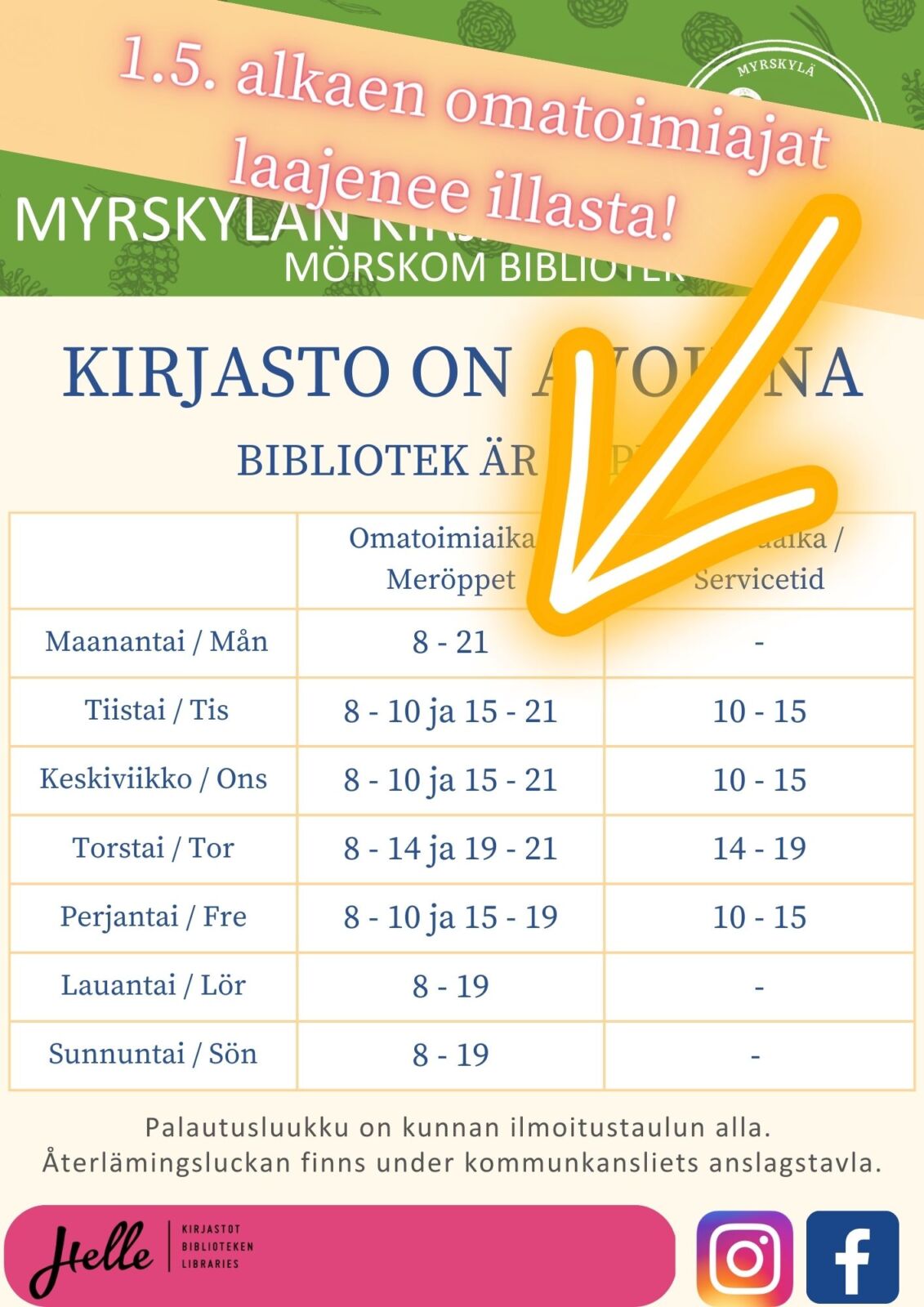 1.5. alkaen kirjaston omatoimiajat laajenee illasta