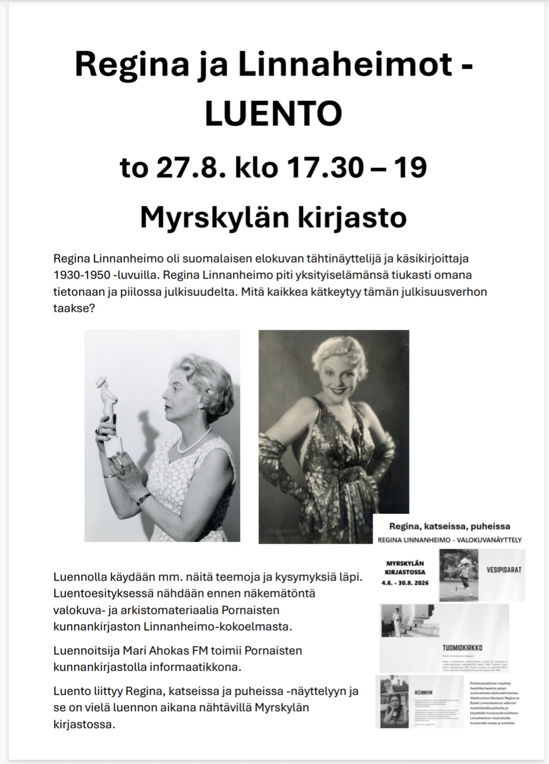 Regina ja Linnanheimot -luento to 27.8. Myrskylän kirjastossa