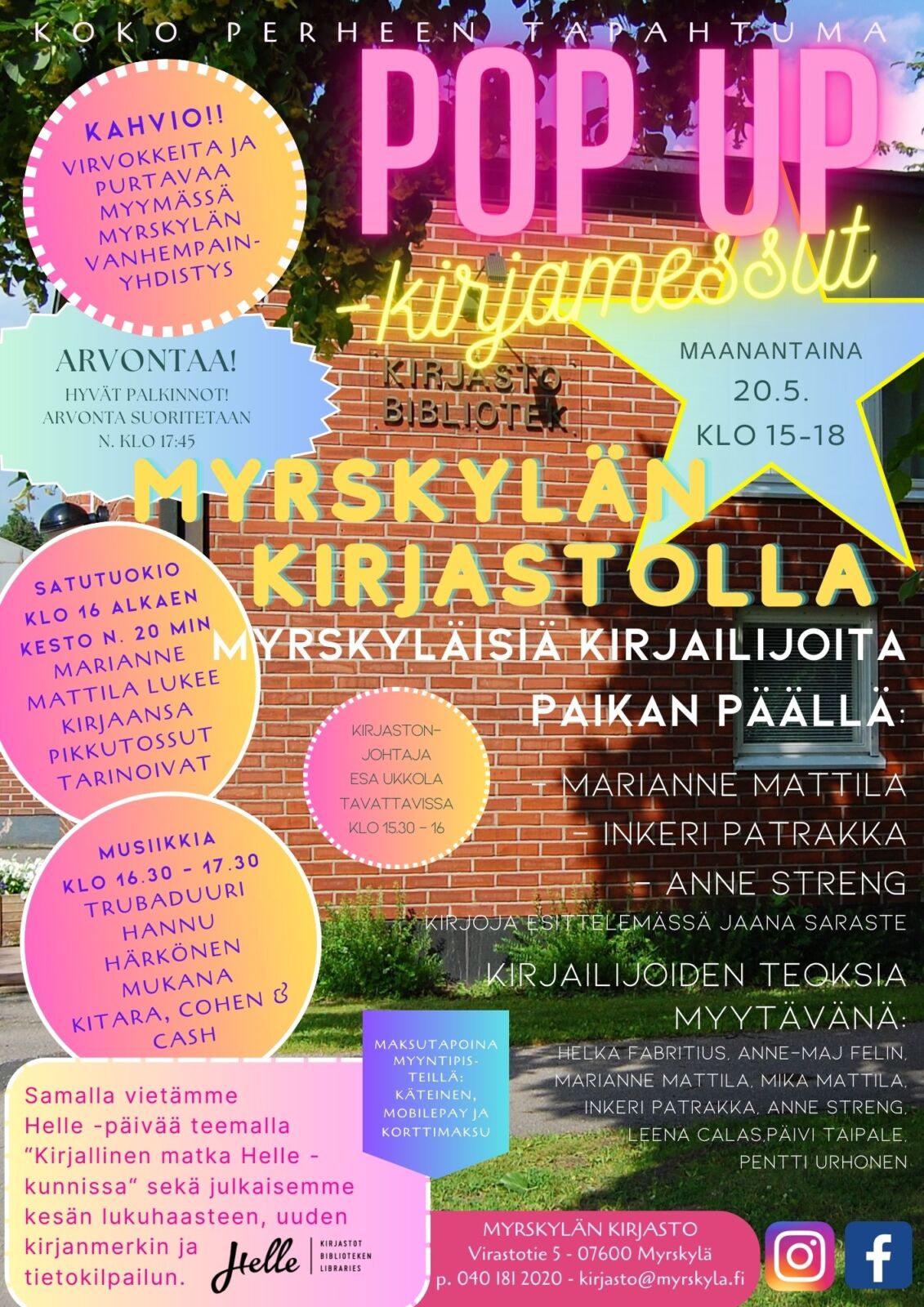 Koko perheen POP UP kirjamessutapahtuma kirjastolla maanantaina 20.5. klo 15 – 18