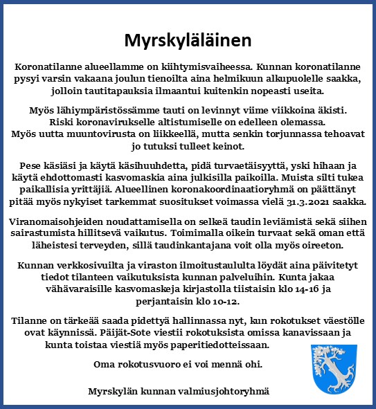 Myrskyläläinen! Muista noudattaa rajoituksia ja suosituksia myös talvilomaviikolla